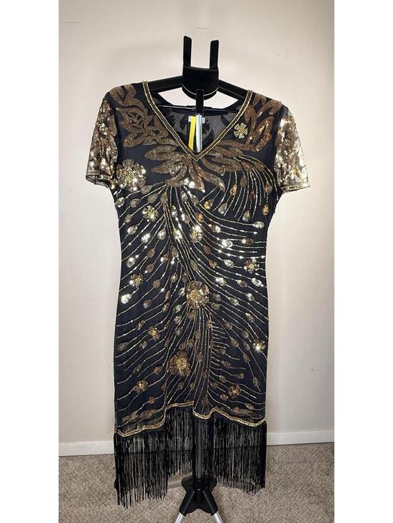 Dresses & Skirts - Yessa 1920's Flapper Dress Black Gold Sequin Floral Fringe  Size XL
